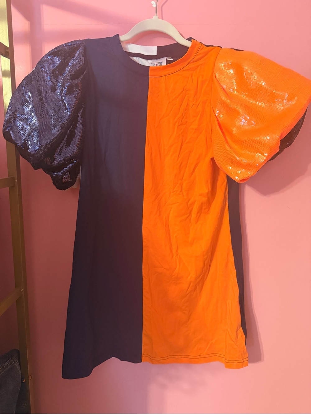 QOS Colorblock Puff Sleeve Dress- Navy & Bright Orange